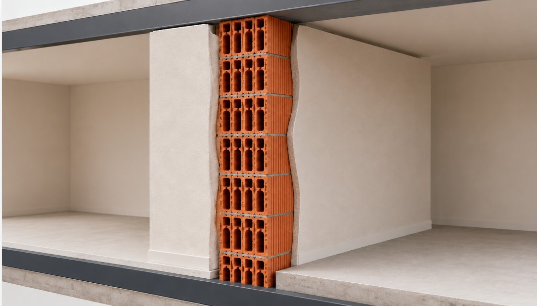 Przekrój ściany z ceramicznego pustaka akustycznego Porotherm 25 AKU